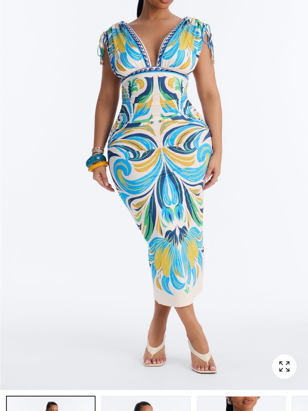 Fashion Nova Blue, Yellow & Green Floral V‑Neck Midi Dress